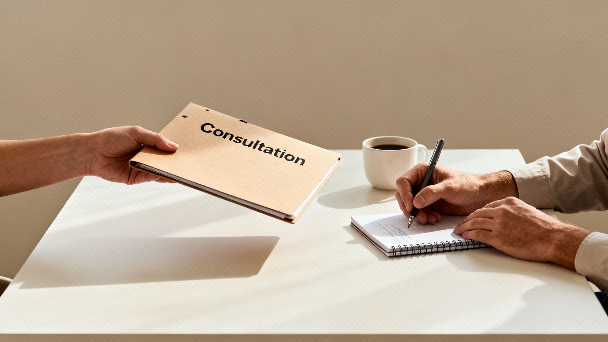 Hands exchanging a 'Consultation' folder while one person writes at a desk with coffee.