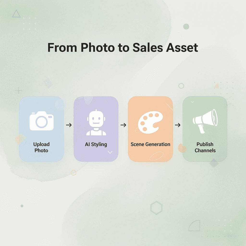 Process flow showing four steps from uploading a photo to publishing across sales channels