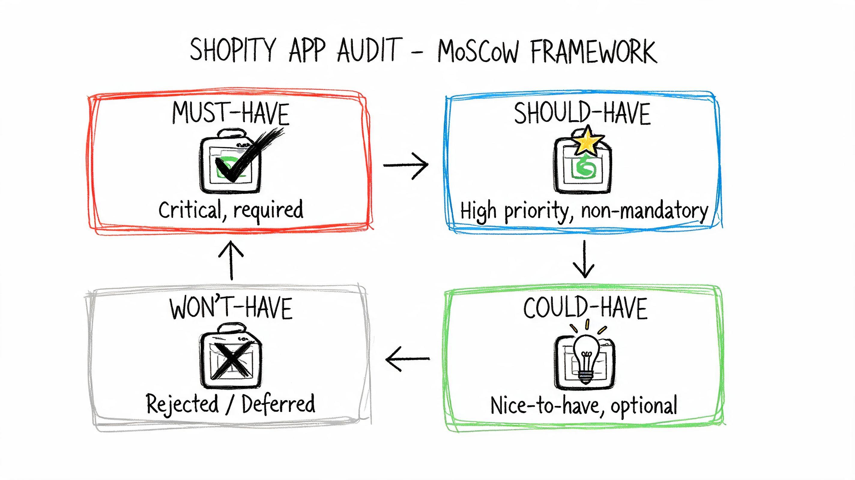 A diagram illustrating the MoSCoW framework for conducting a Shopify app audit with four distinct priority categories.