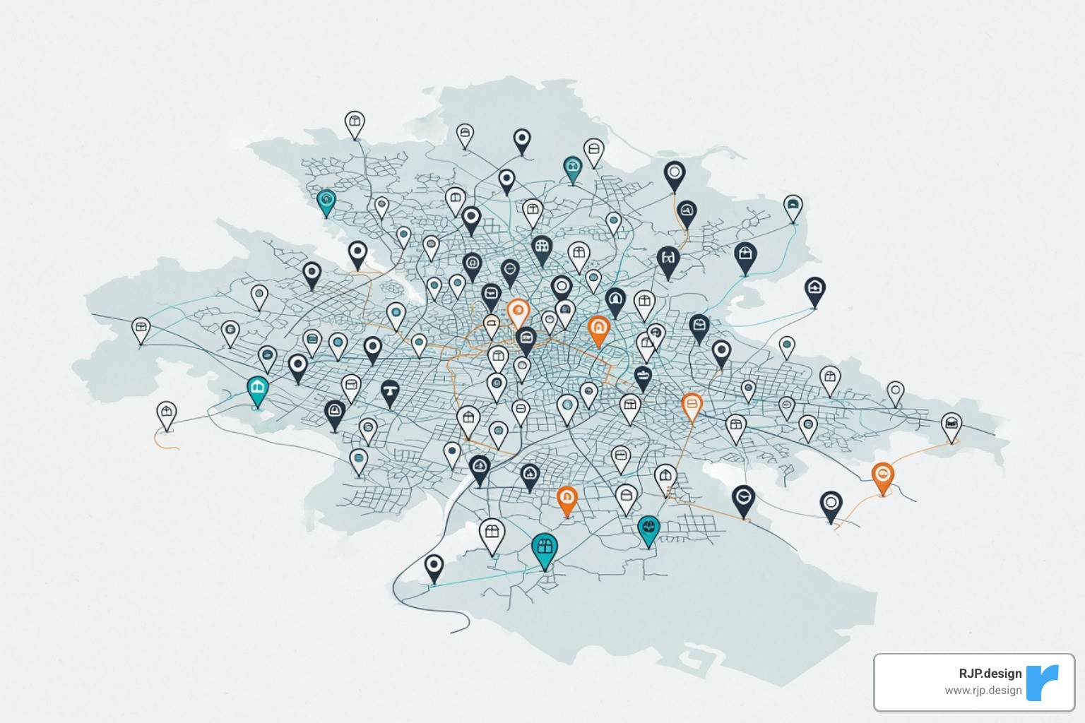 Map showing multiple store locations connected by a network - retail local seo