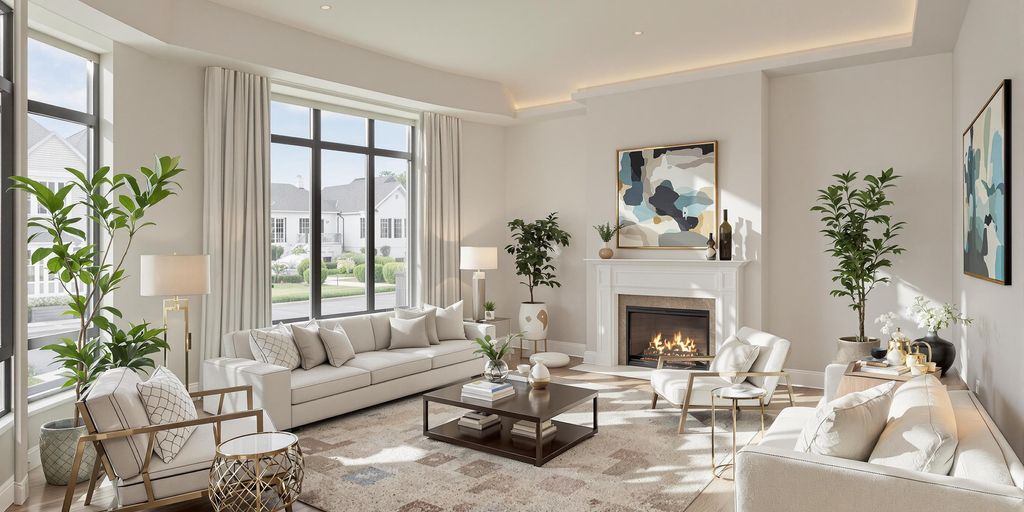 Bright living room with modern furniture and large windows.