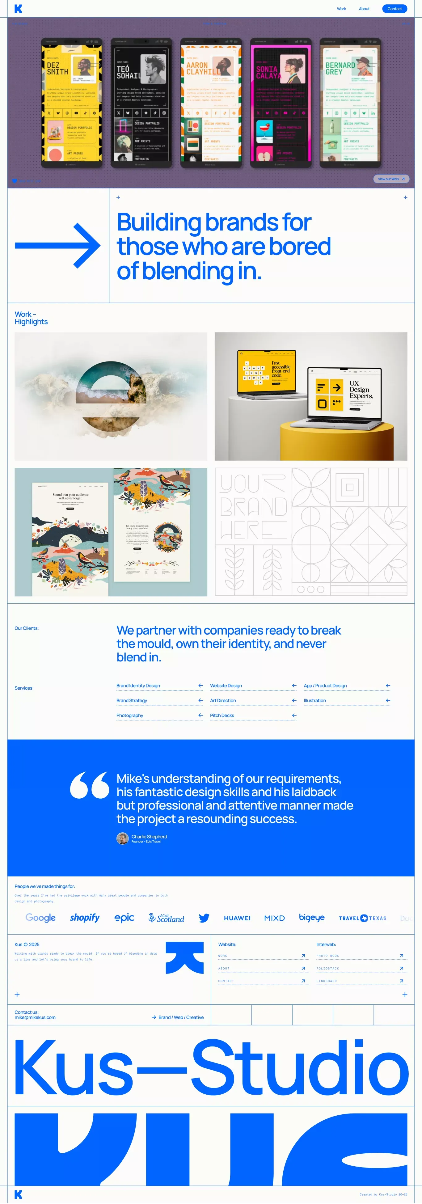 Kus Studio by Mike Kus portfolio page screenshot showcasing Design and Photography design