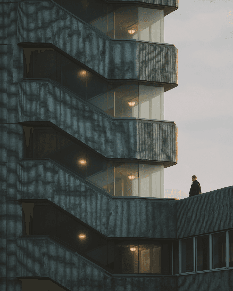 Man standing on rooftop next to building with external stairs