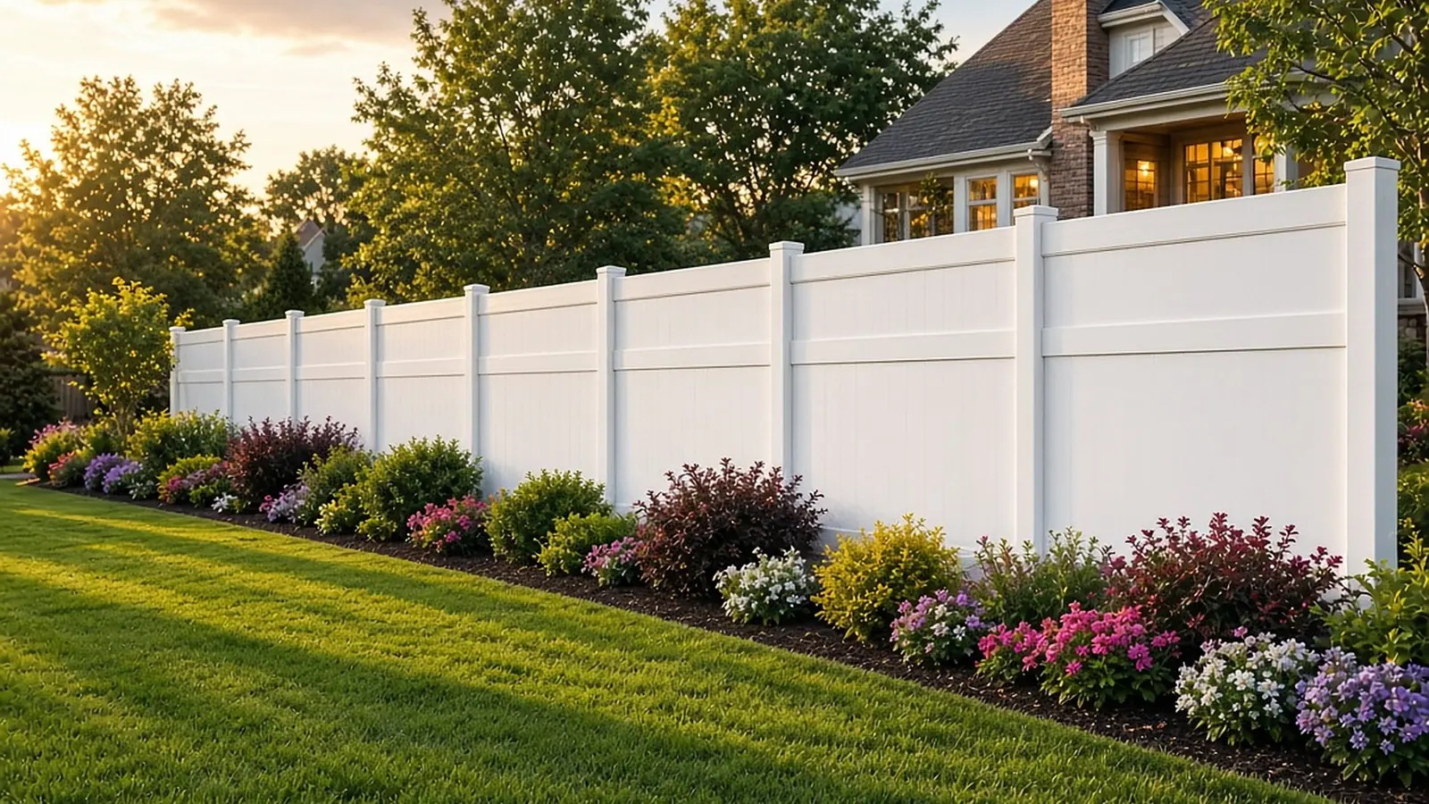 White vinyl privacy fence in a backyard