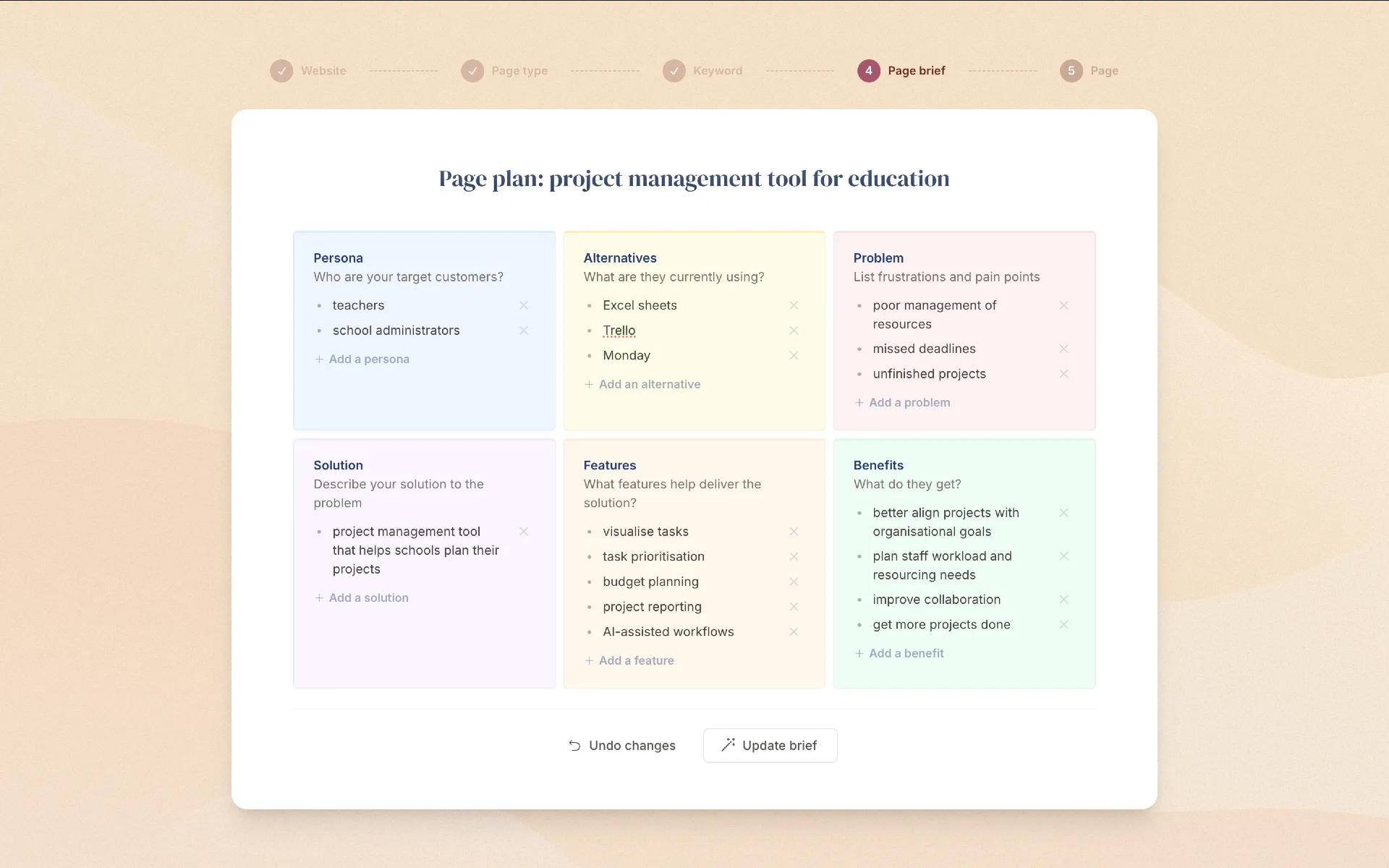 A SaaS landing page planning canvas example