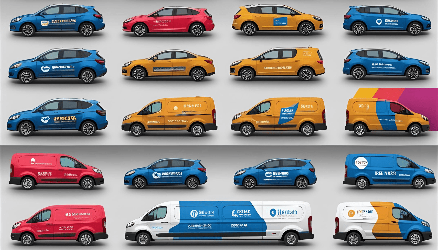 Firmenfahrzeuge mit auffälliger Fahrzeugfolierung in Blau, Orange, Weiß und Rot.