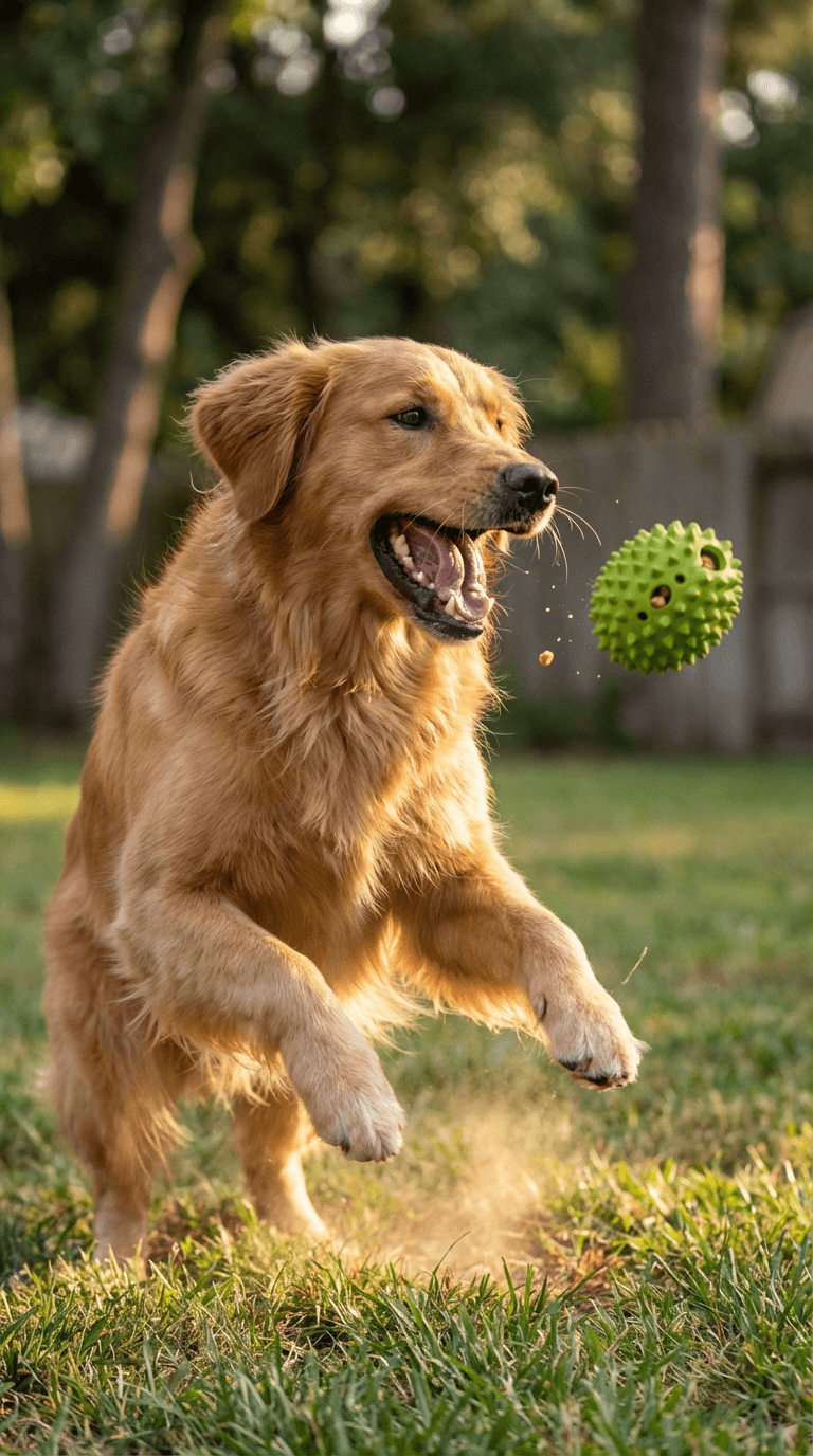 Golden retriever mid-jump catching a textured green ball in a sunny backyard