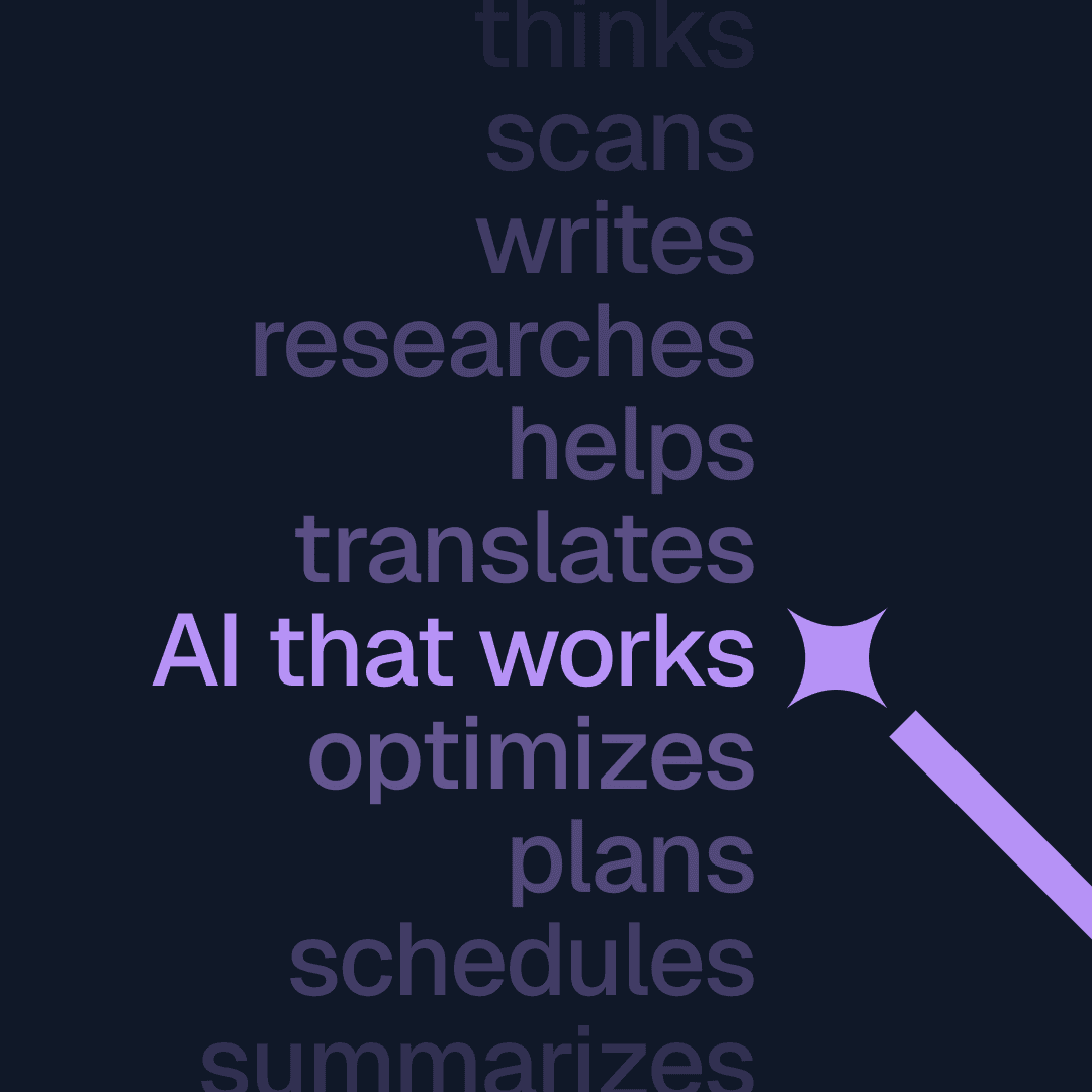 Neonify brand graphic listing AI capabilities including thinks, scans, writes, researches, helps, translates, optimises, plans, schedules and summarises with magic wand sparkle icon on dark background