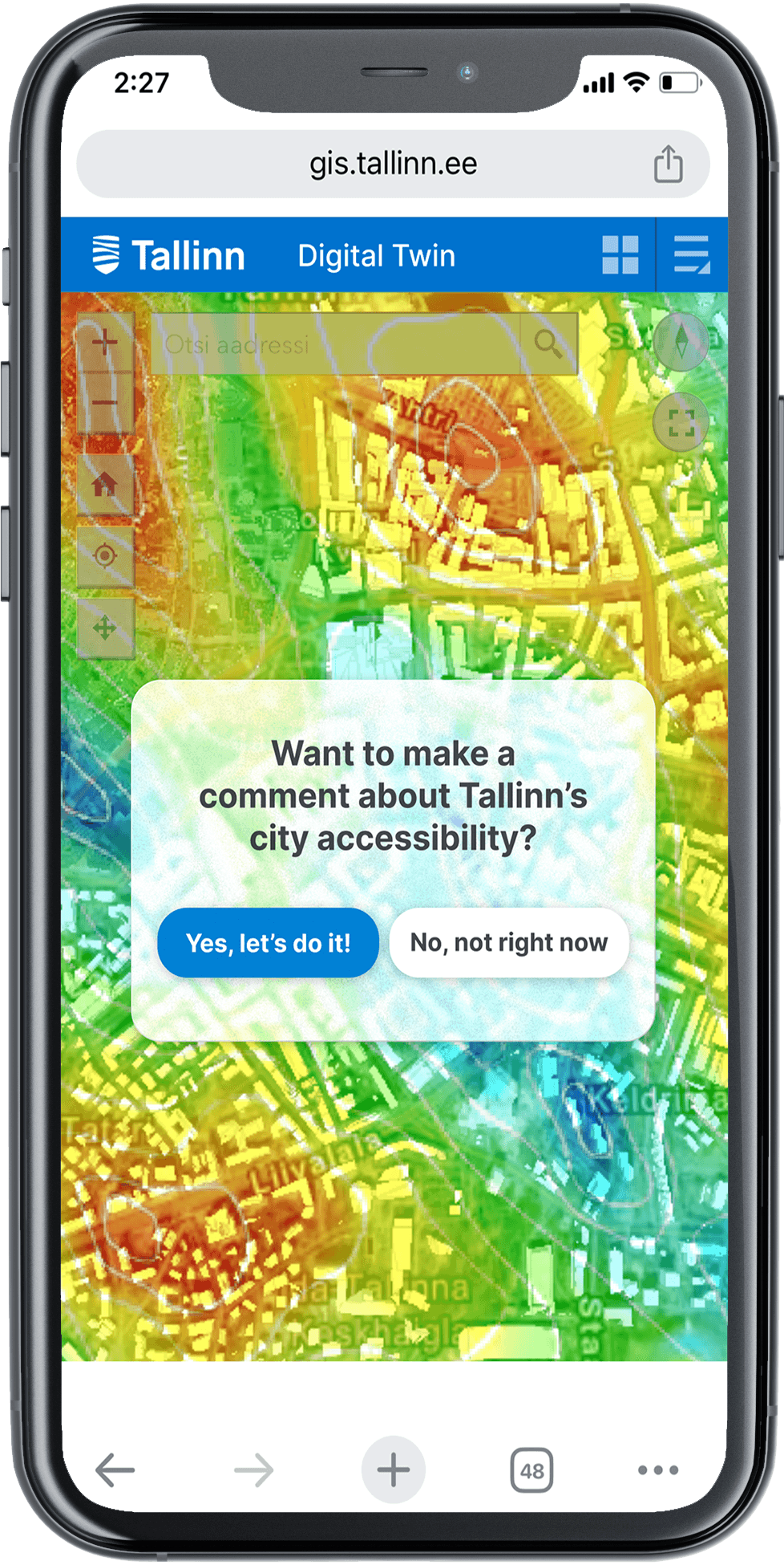 Phone screen prototype showing the TwinSight platform within Tallinn's digital twin. A message pops up saying "Want to make a comment about Tallinn's city accessibility?" The options are "Yes, let's do it!" or "No, not right now"