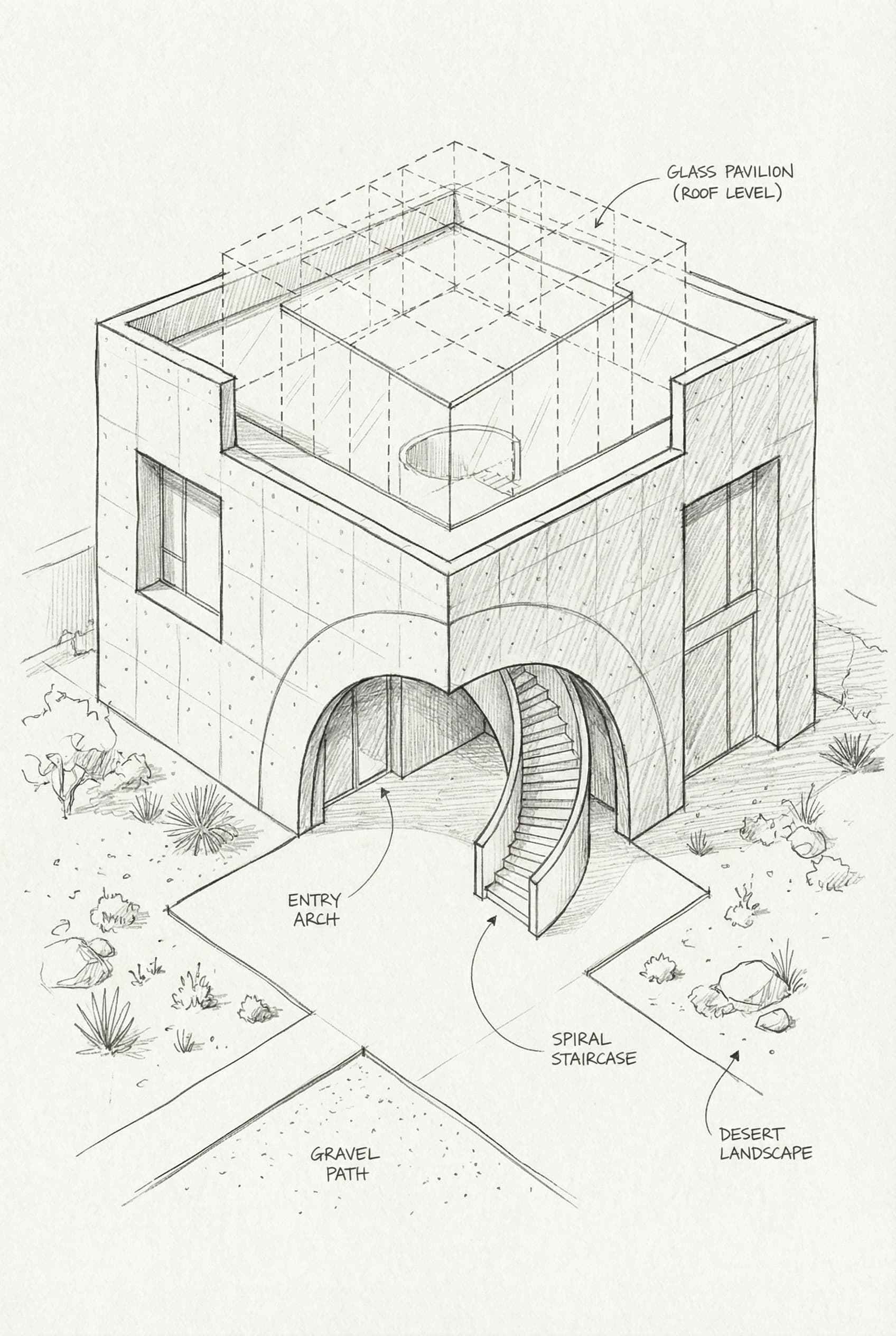 Hand-drawn isometric architectural sketch of a two-storey concrete building in a desert setting, featuring a arched entry, an exterior spiral staircase, a rooftop glass pavilion, and annotated labels for the entry arch, spiral staircase, gravel path, desert landscape, and glass pavilion at roof level