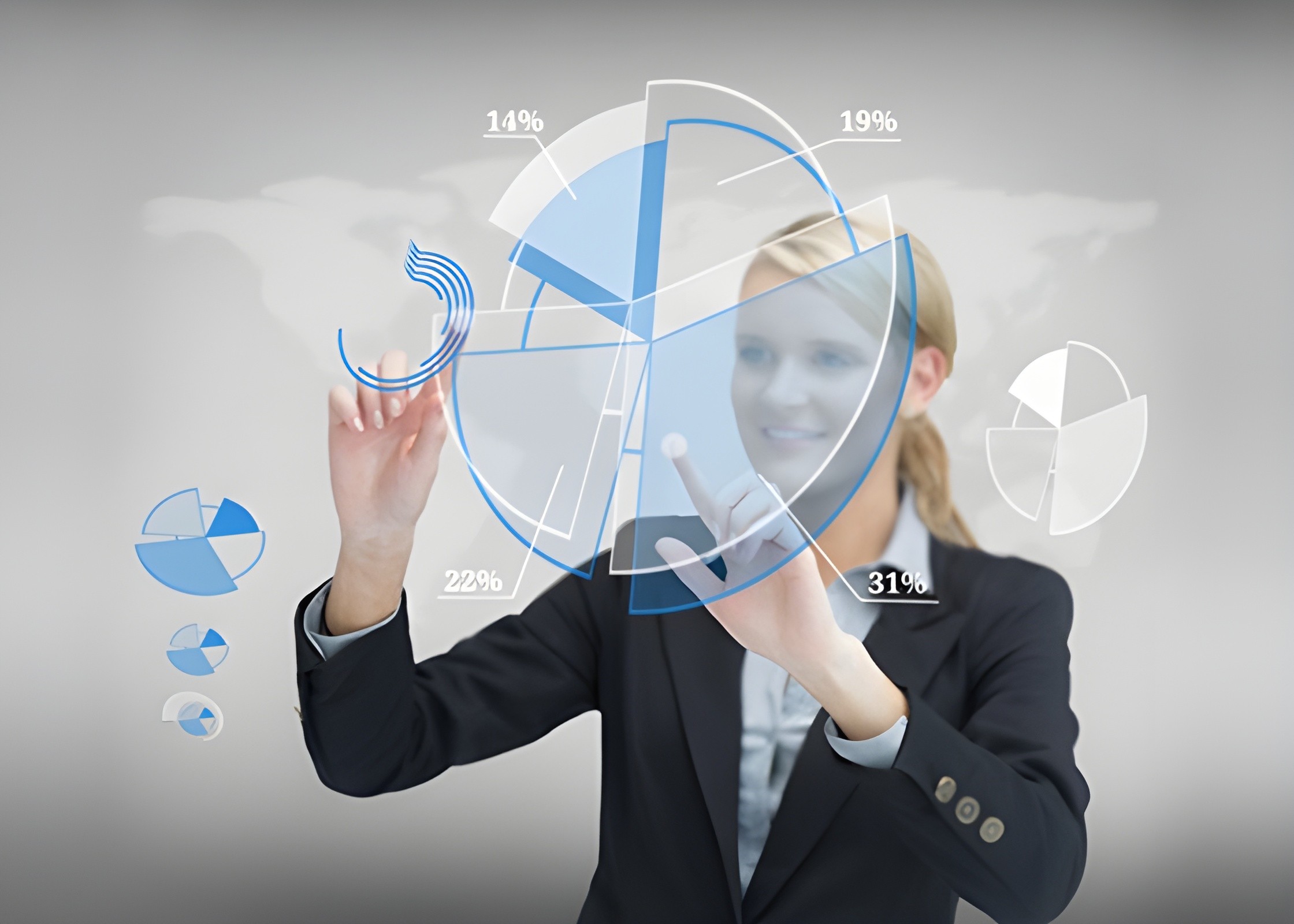 The image illustrates  business intelligence analytics transforming raw data into strategic insights.