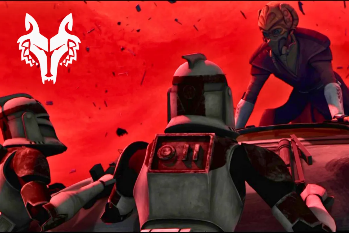 Jedi Master Plo Koon reaches out to rescue two wounded clone troopers from the Wolfpack battalion. The Wolfpack emblem iin the top left corner, symbolizes the strong bond between Plo Koon and his loyal troops. The tense moment captures the chaos and camaraderie of The Clone Wars.