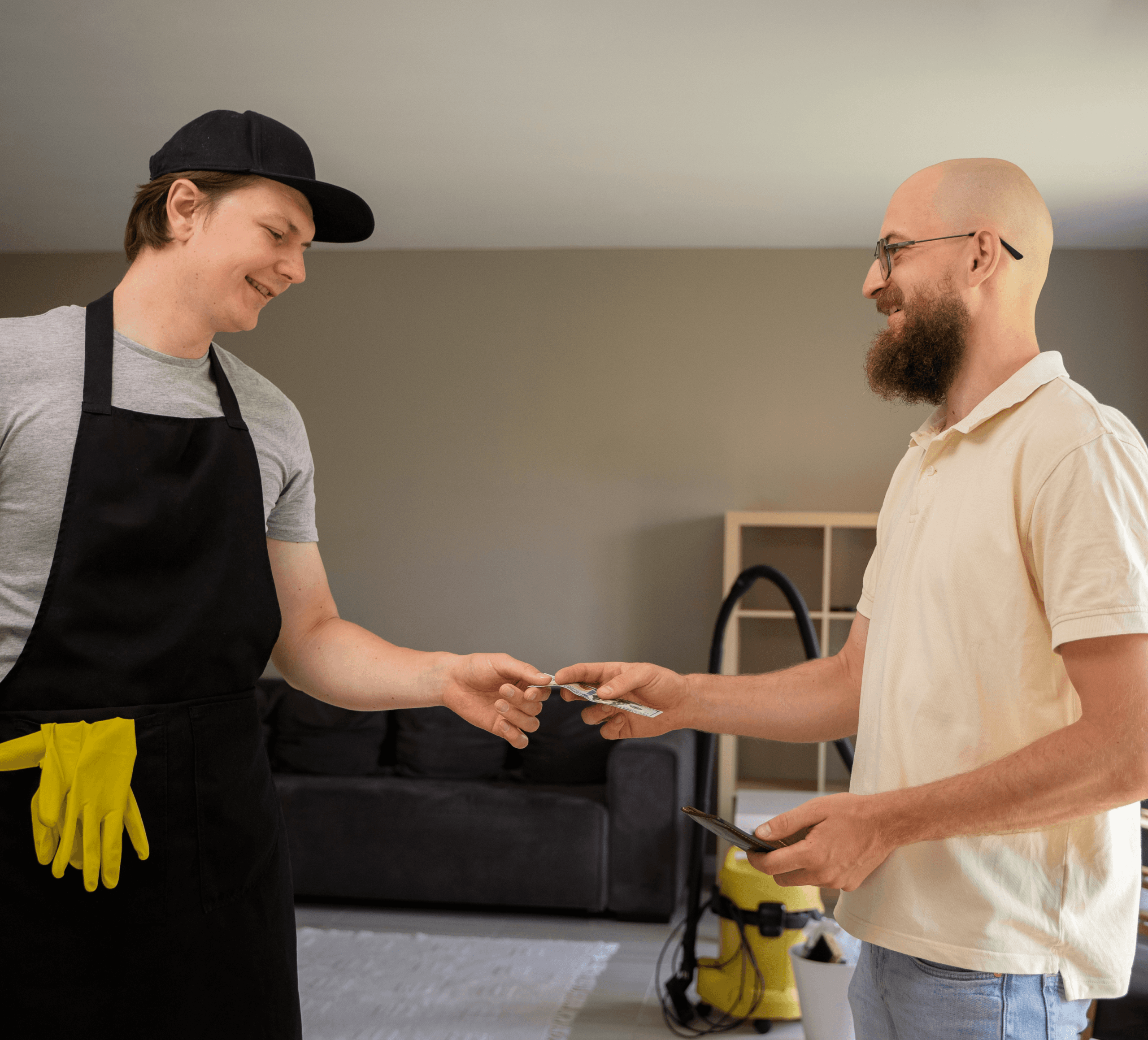 Smiling house cleaner in apron receiving payment from a client. Client is bald with glasses and a beard. 