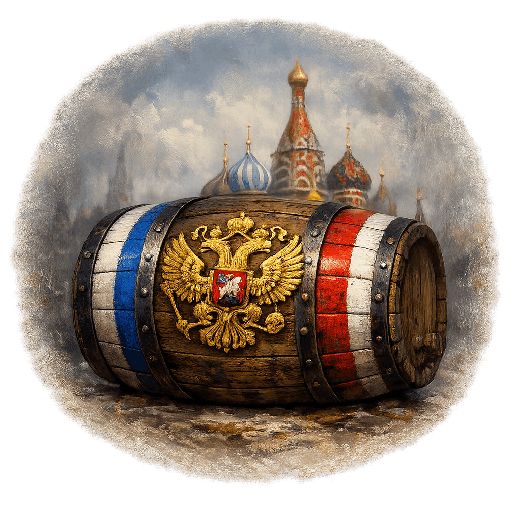 Wine barrel featuring the Russia national emblem for regional wine education.