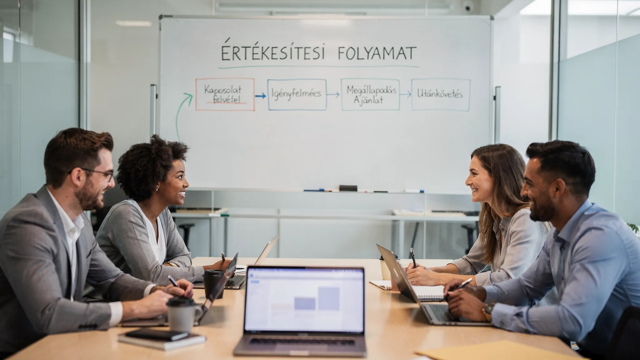 Egy kis csapat meetingje egy tárgyalóban, falitáblán egyszerű értékesítési folyamat lépései, az asztalon laptopok nyitva, a képernyők helyes irányban, a laptopokon semleges, nem olvasható felület.