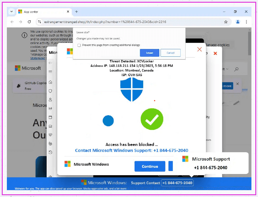 Screenshot einer gefälschten Microsoft-Warnung auf einer .shop-Webseite: Ein Pop-up zeigt „Threat Detected: XCVLocker“, nennt eine IP-Adresse und einen Standort, meldet „Access has been blocked ..“ und drängt dazu, den „Microsoft Windows Support“ unter einer mehrfach angezeigten Telefonnummer zu kontaktieren.