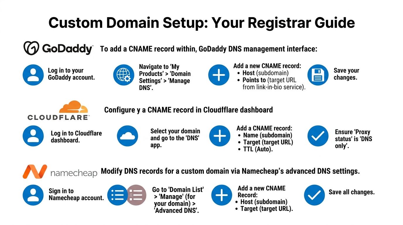 A guide illustrating how to configure CNAME records for custom domains on GoDaddy, Cloudflare, and Namecheap.