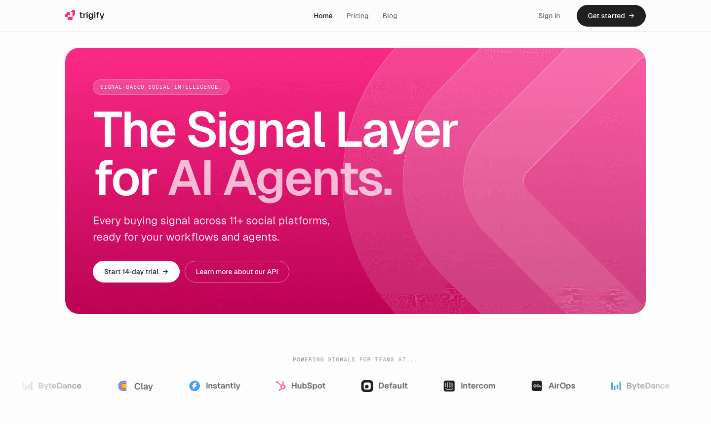 Trigify homepage (trigify.io), screenshot taken August 2026 for this comparison