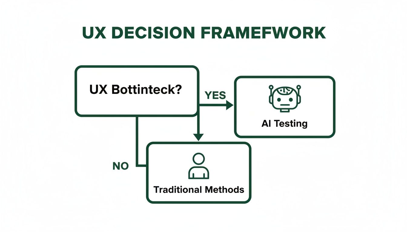 A UX decision framework flowchart asking 'UX Bottinteck?', leading to AI Testing or Traditional Methods.