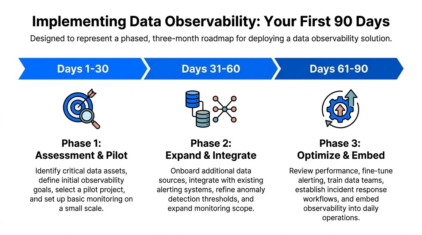 A roadmap infographic illustrating a 90-day plan for implementing a comprehensive data observability solution in three phases.