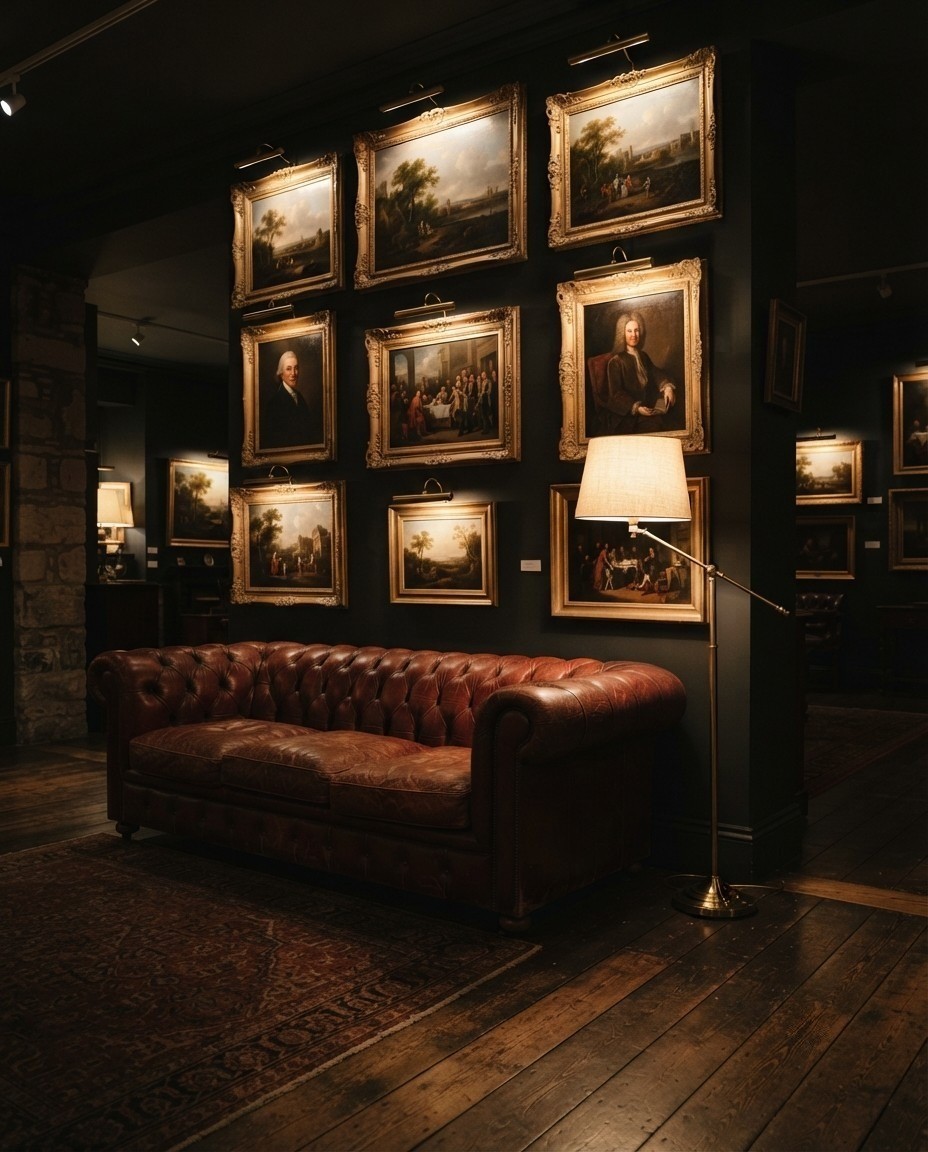 The Main Gallery at night: a brown leather sofa beneath a salon hang of gilt-framed paintings