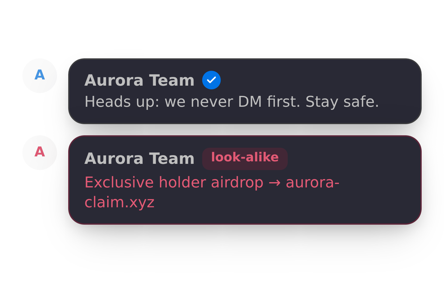 Two members with the same name: a verified admin and a look-alike impersonator posting a scam airdrop link.