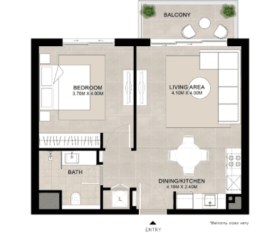 Floor plan of a 1-bedroom apartment at Fia Townhouses, showcasing layout and room dimensions for potential residents.
