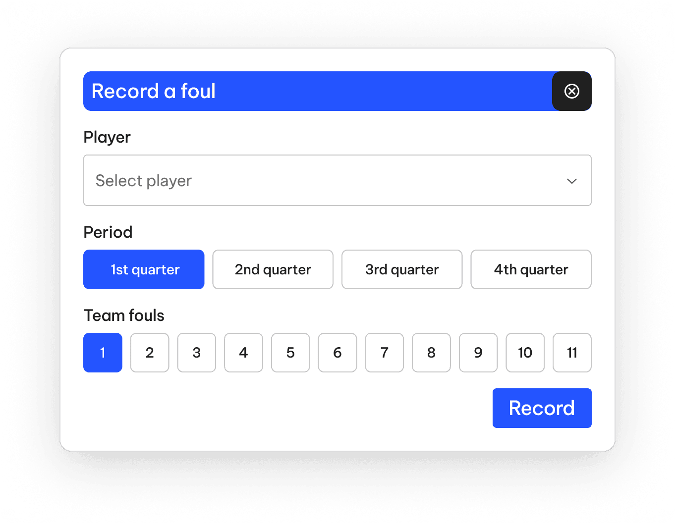 TeamLinkt basketball game sheet showing foul recording by quarter and team foul tracker