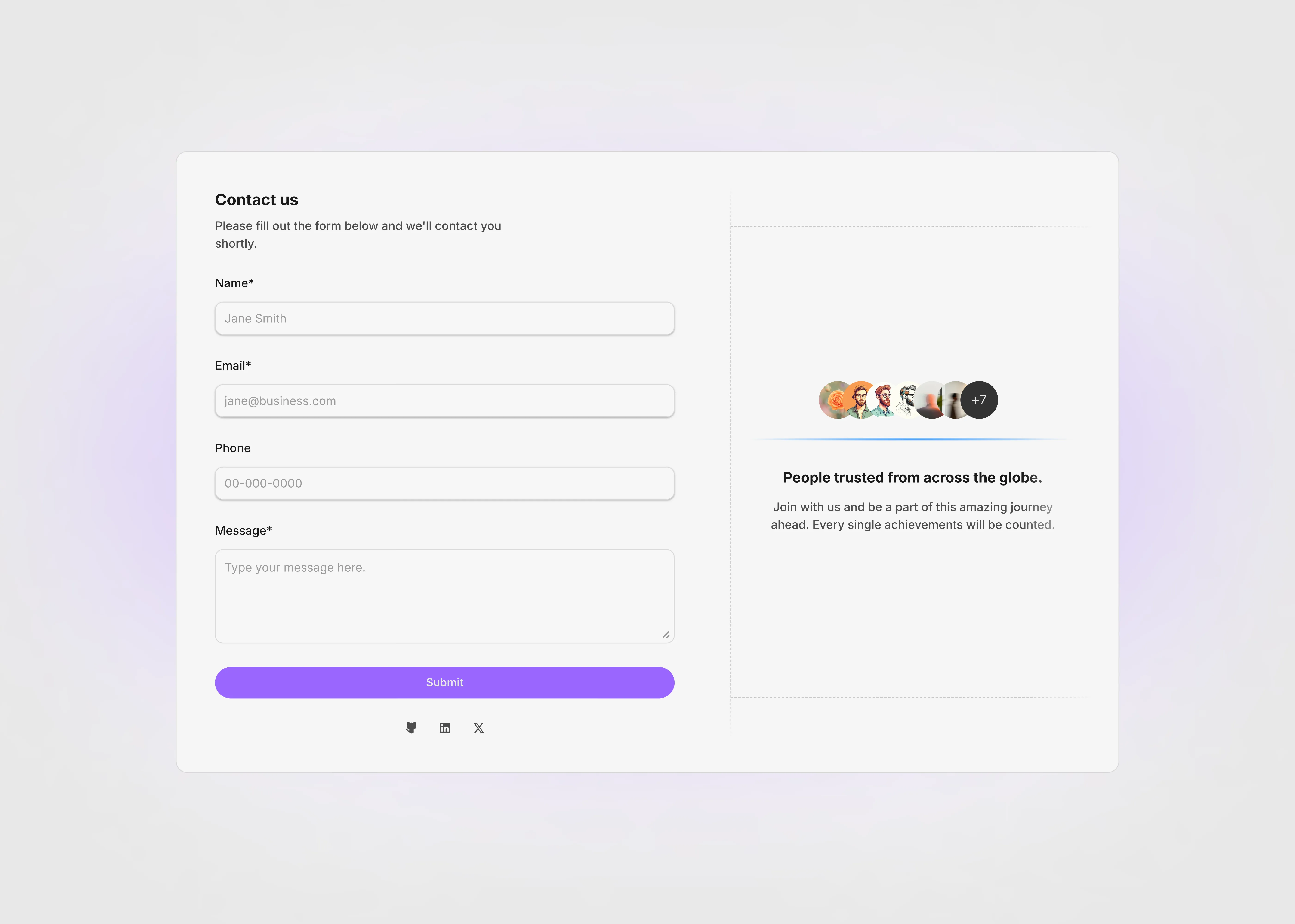 Light themed 2 colum grid type contact us page section