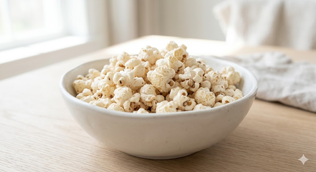A bowl filled with light and airy jowar puffs, a healthy alternative to popcorn, sits on a wooden table.