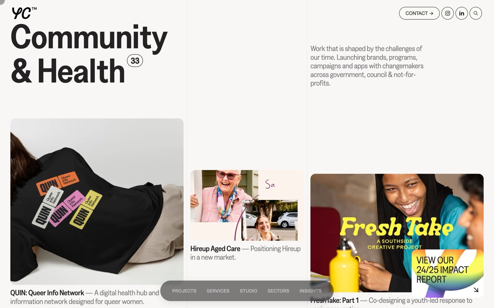 Two-panel layout: Left shows a person lying with a shirt featuring colorful patches. Right features text “Community & Health” and images of people.