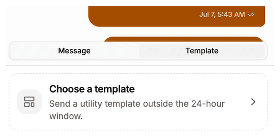 Inbox composer showing the Message and Template tabs, with Choose a template offering to send a utility template outside the 24-hour window.