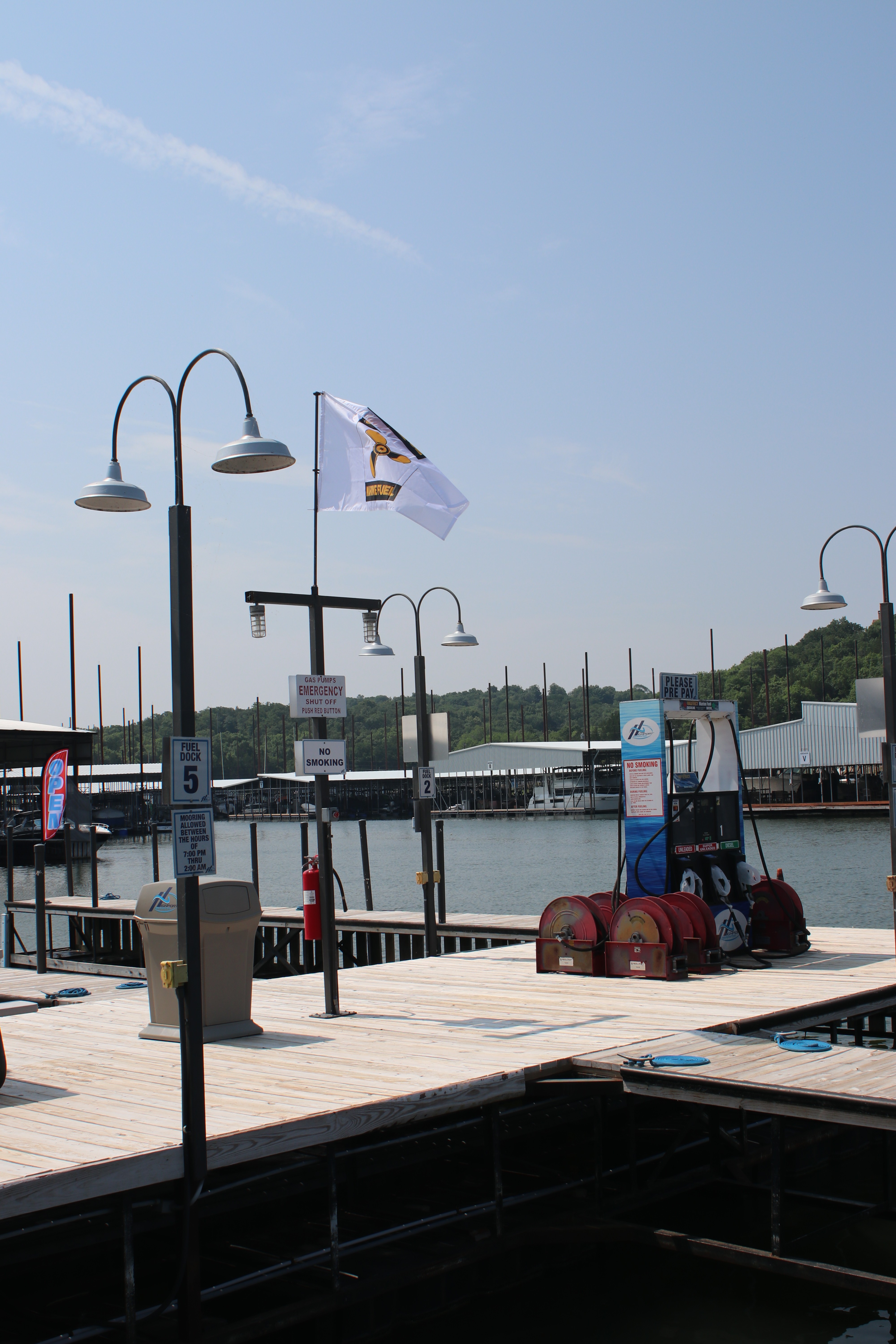 A sunny marina view features a white flag with a graphic of a yellow bird, standing out against a clear blue sky, while boat docks extend into the calm water surrounded by lush green hills.