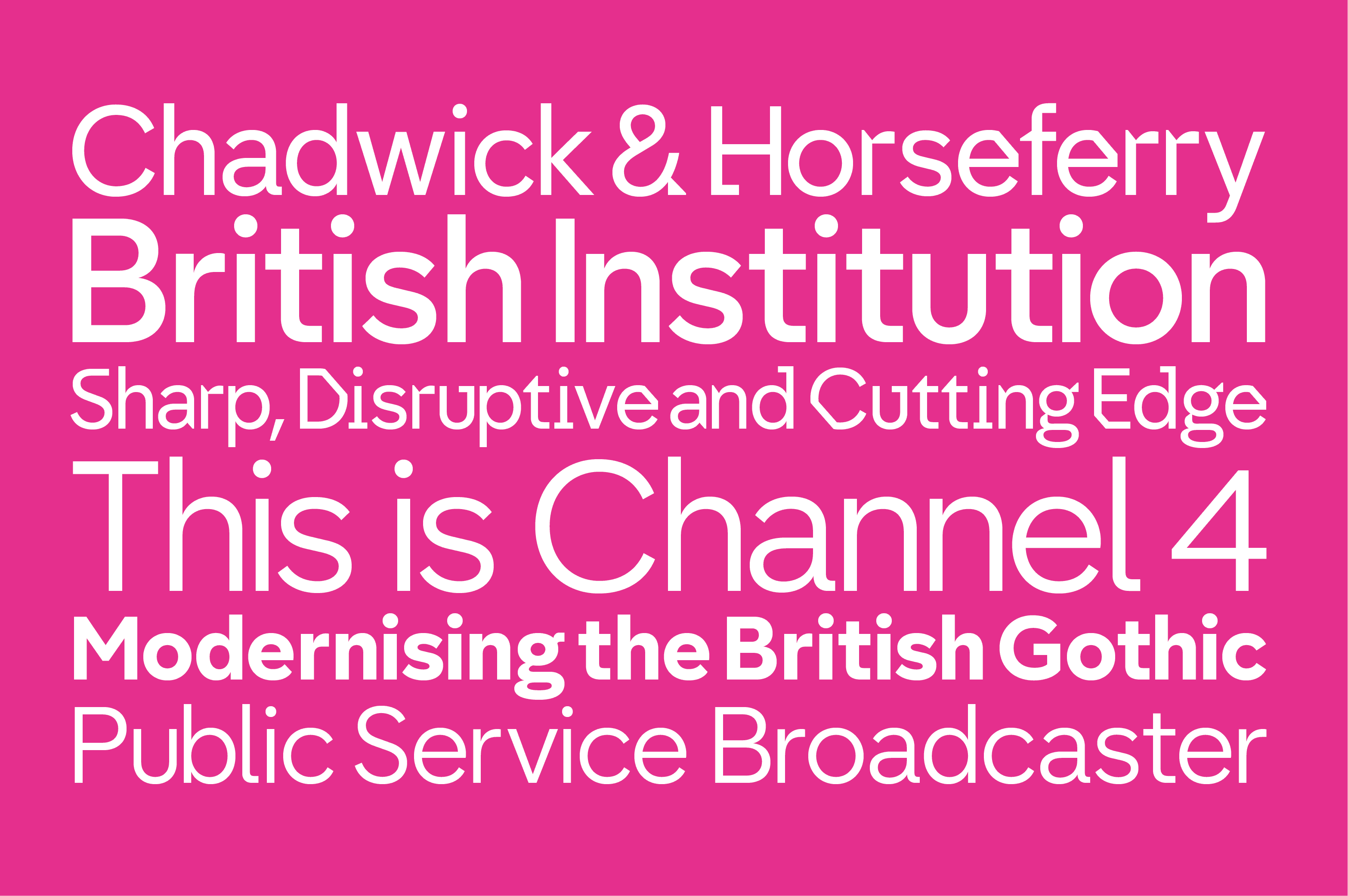 Text on a pink background promoting Channel 4 and discussing modernizing British Gothic public service broadcasting.
