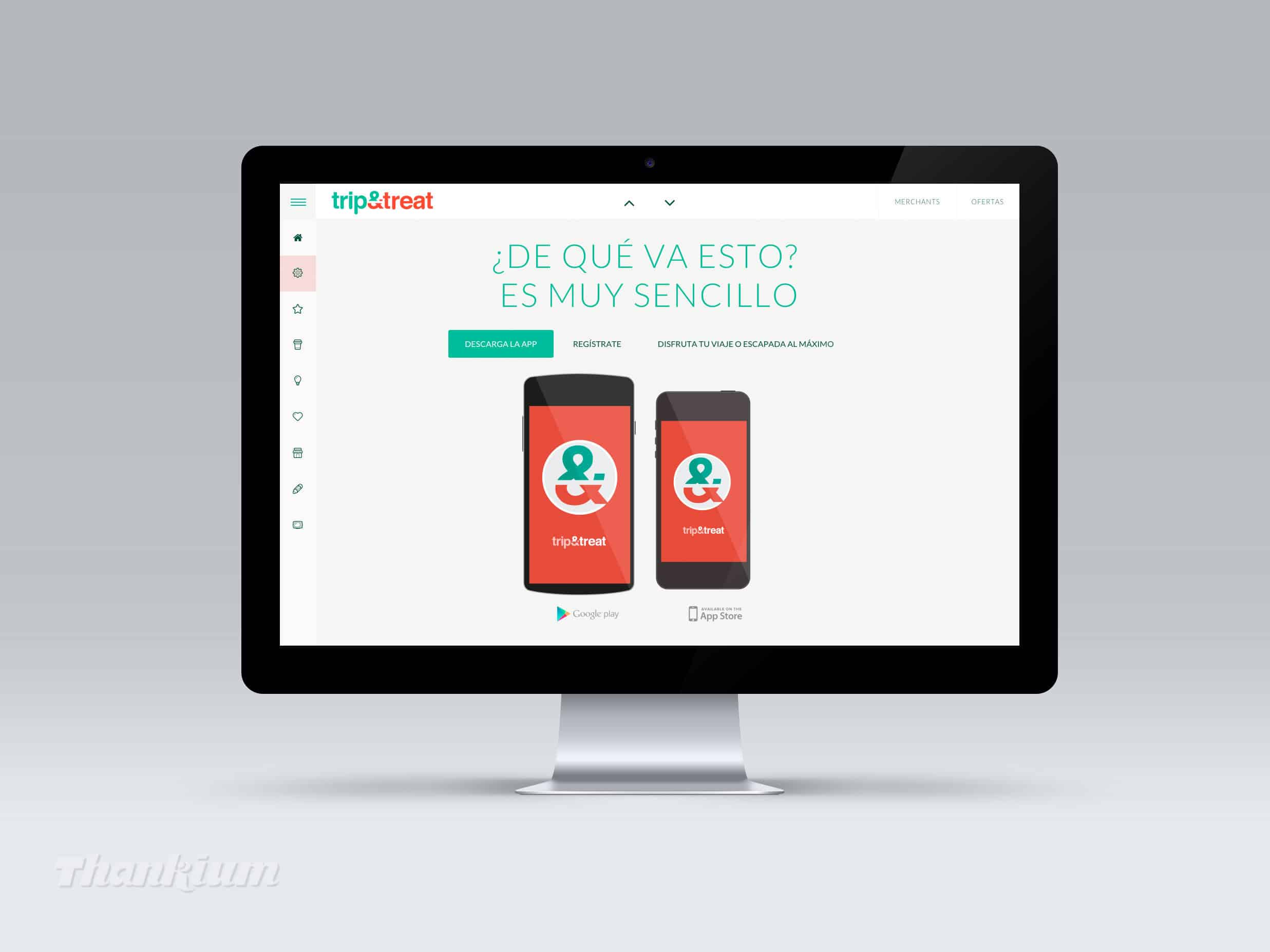 Aplicación móvil Trip&Treat, diseño de pantalla inicial en computadora.