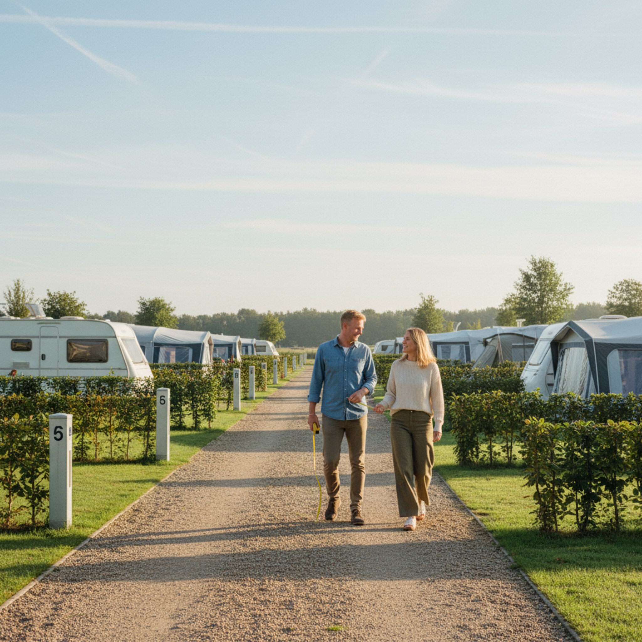 Von einer leichten Anhöhe erkennt man klar abgegrenzte Parzellen mit Hecken und Stromsäulen. Morgensonne betont Wege und Abstände. Ein Paar geht zwischen den Plätzen und schätzt die Größe mit einem Maßband ab. Die Anlage wirkt ordentlich, großzügig und leicht zu orientieren.