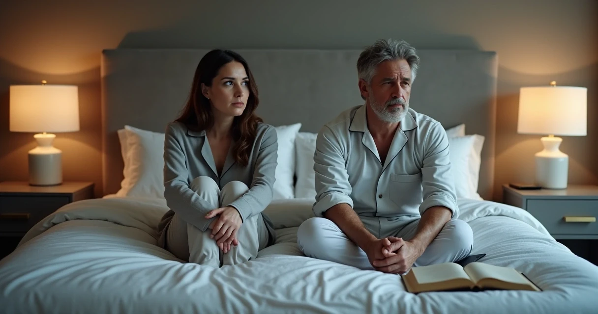 Casal de meia-idade deitados na cama preocupados, homem com expressão ansiosa 