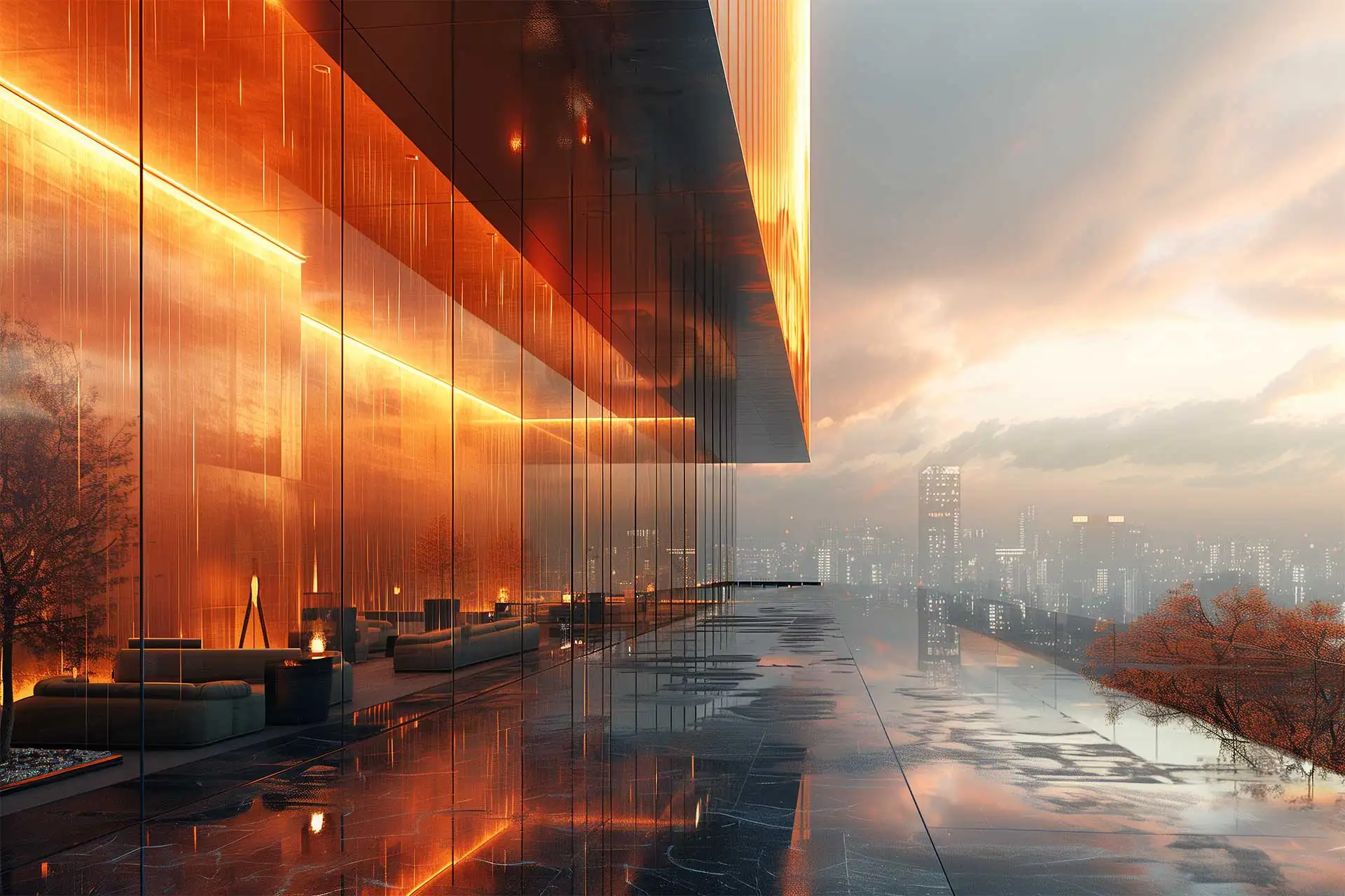 Modern glass building with illuminated facade and cityscape view at sunset