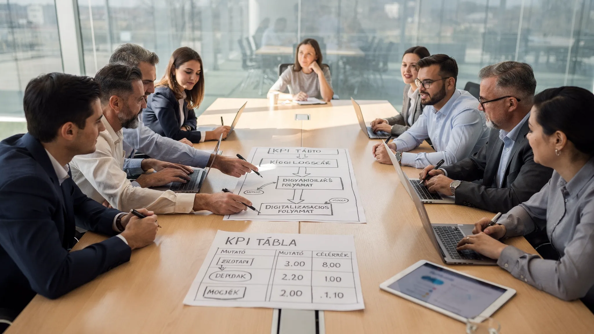 Business and IT professionals sitting at a conference table, with a flowchart and KPI table on paper in front of them, depicting a digitalization workshop.