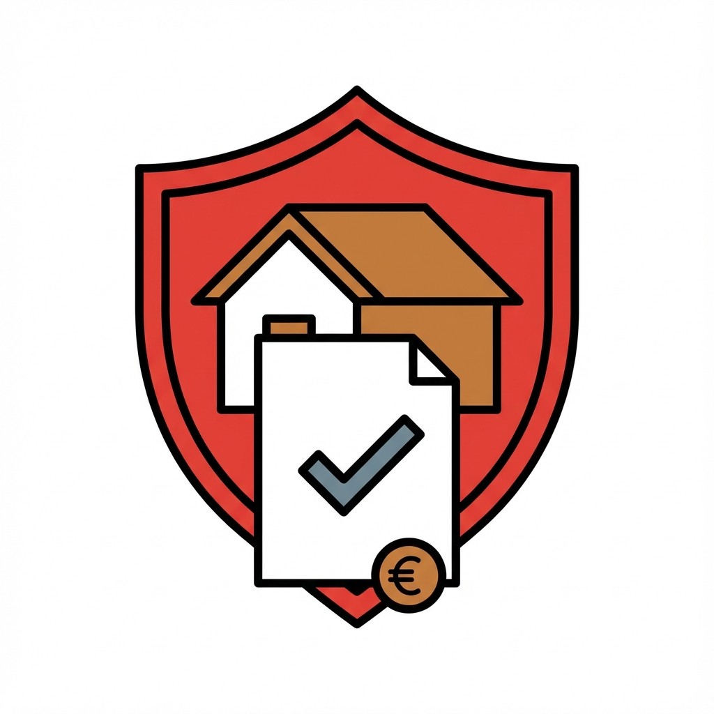 Icon für Hausversicherung: Ein Haus im roten Schutzschild, davor ein Dokument mit Haken und Euro-Münze.