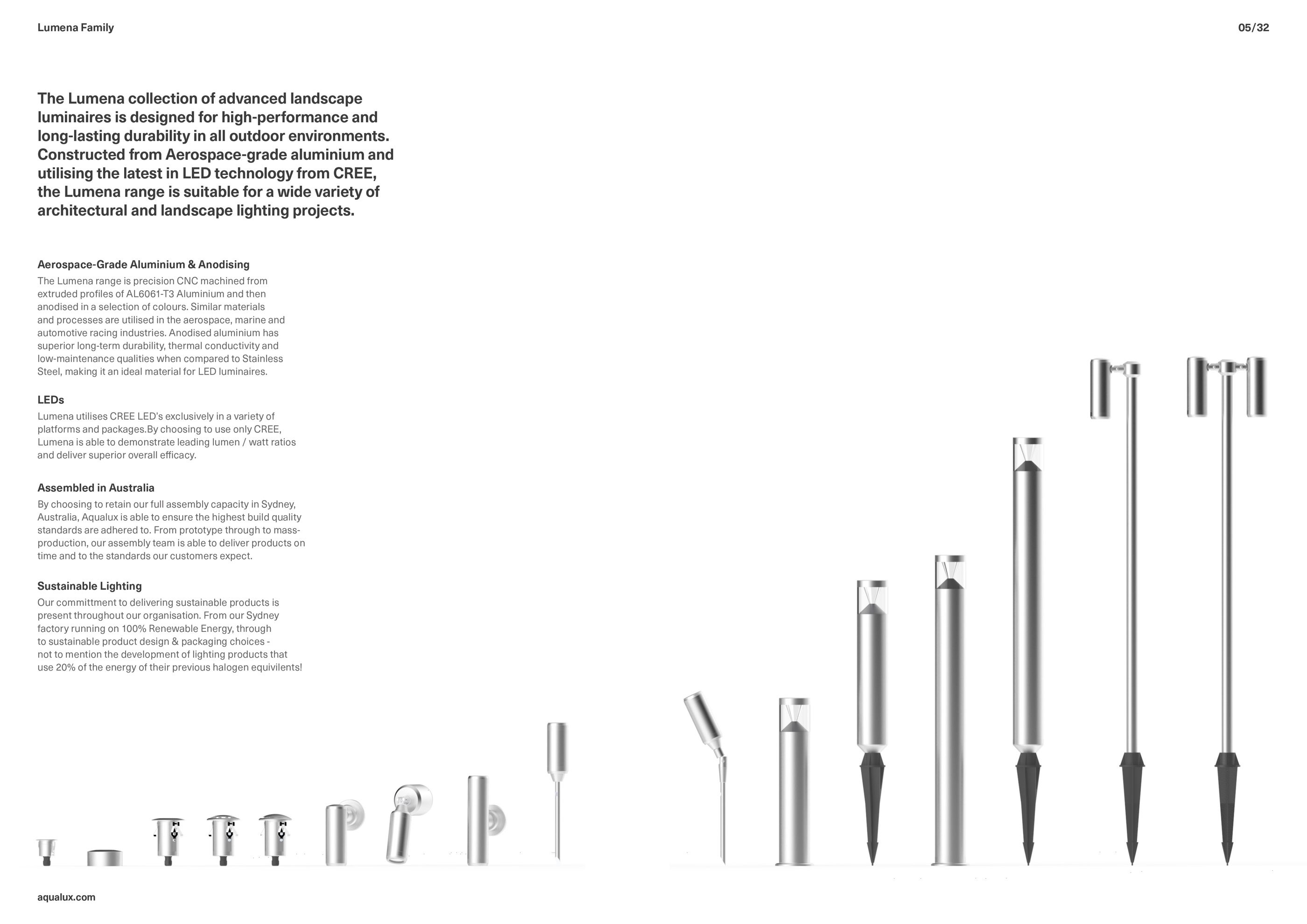 Brochure spread describing the Lumena luminaire family's construction and sustainability features, alongside a lineup of lighting fixture product shots.