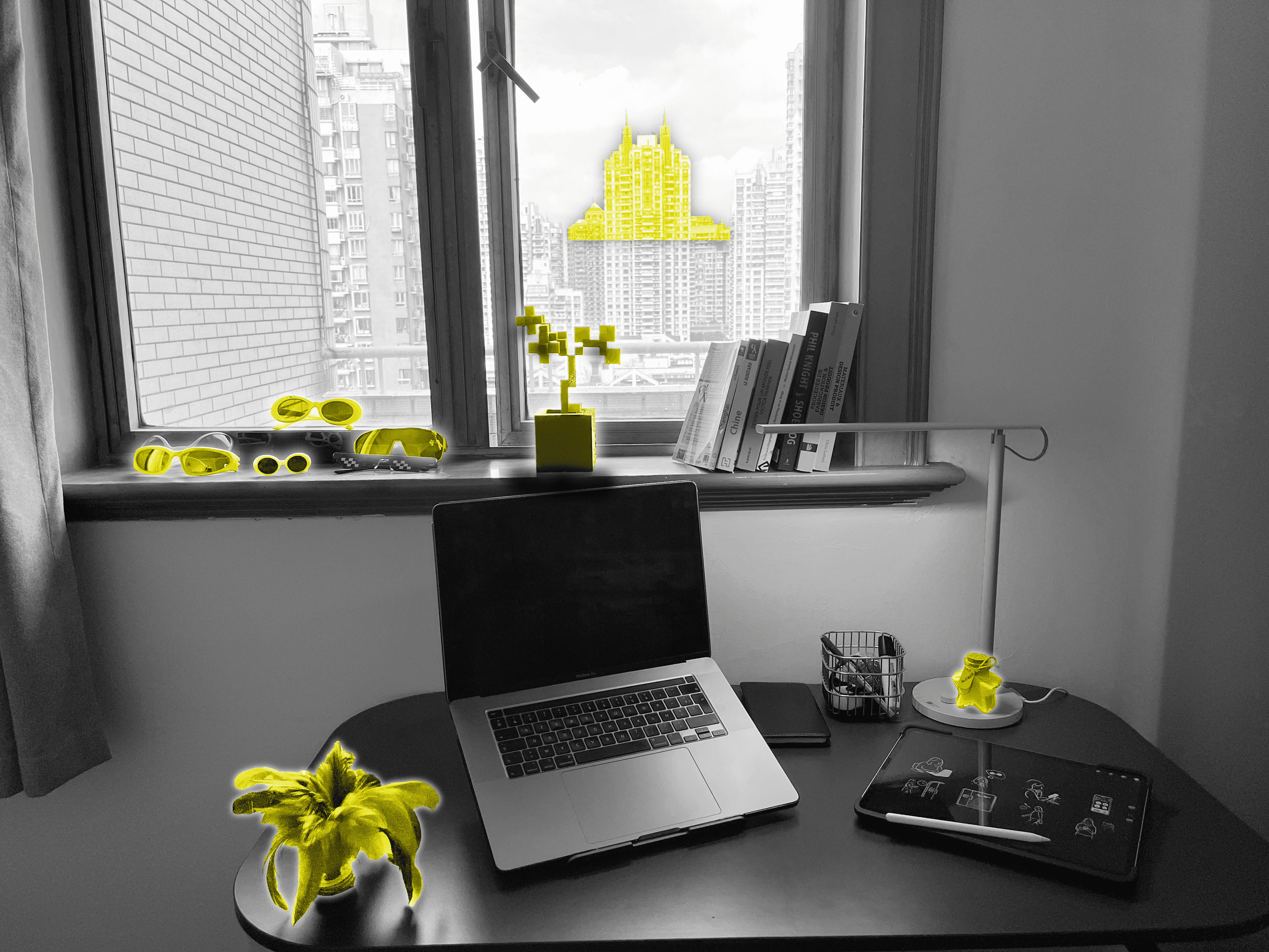 Black and white pohotgraphy of Mathis Gauguelat's view from his room in Shanghai, with importants elements highlighted