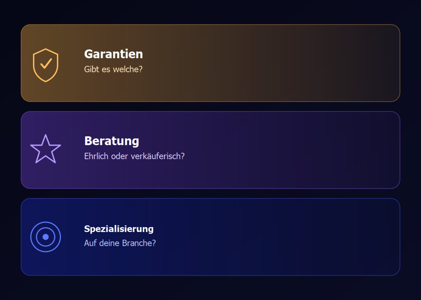 Drei Karten: Garantien, Beratung, Spezialisierung