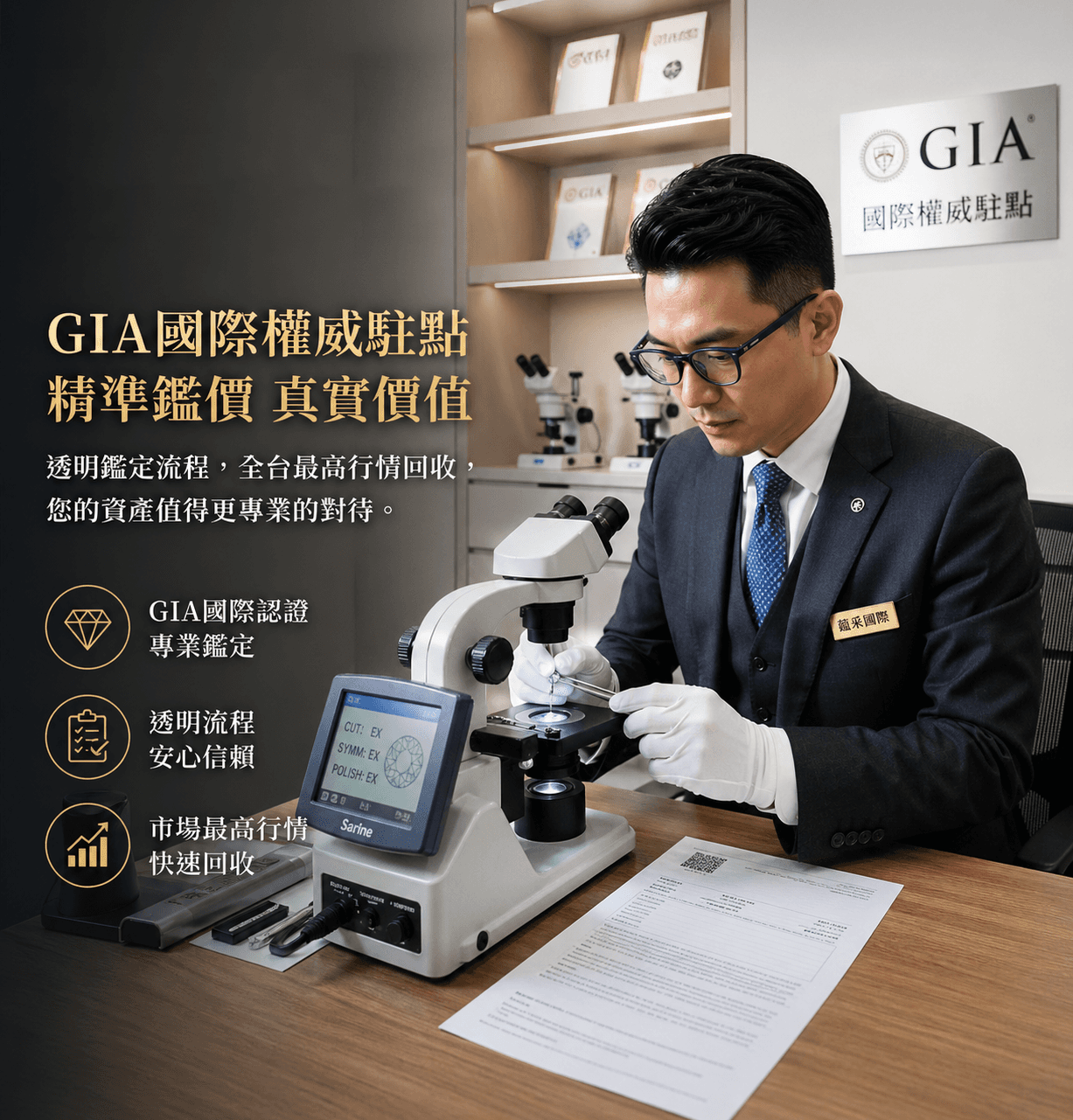 蘊采國際專業珠寶鑑定師使用顯微鏡進行 GIA 鑽石精準鑑定，提供具國際權威的珠寶價值評估服務。