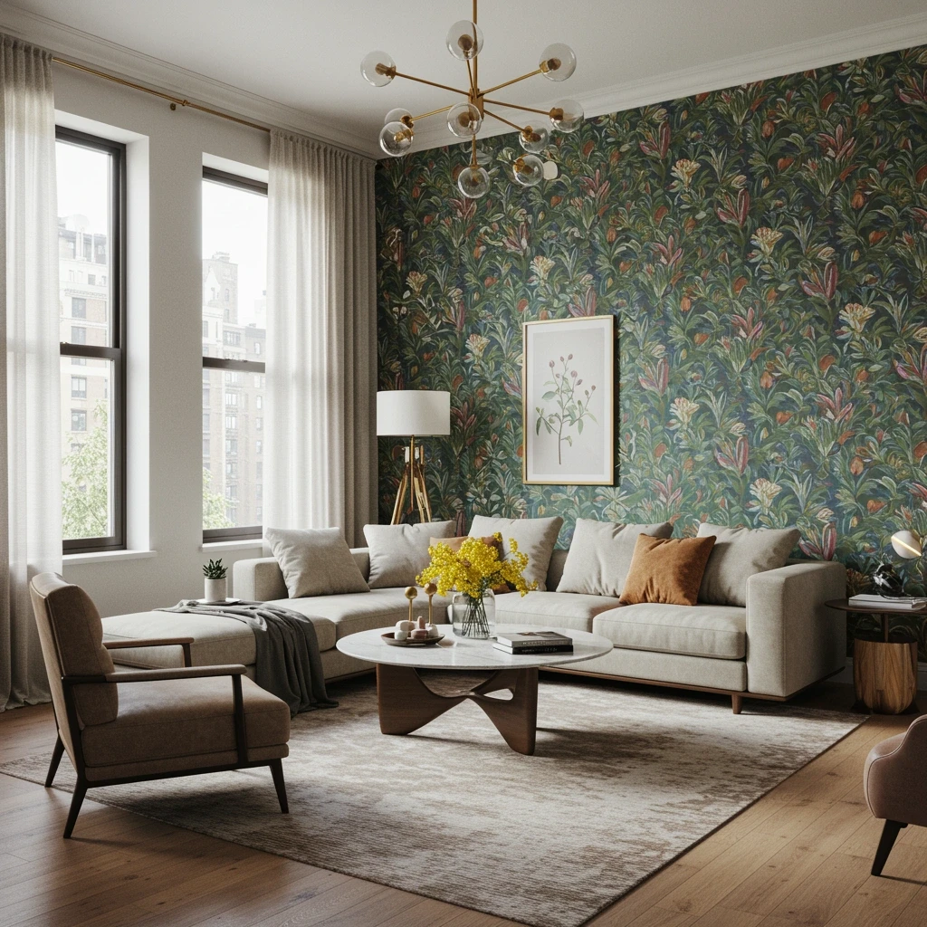 Professional wallpaper installation in Queens living room featuring botanical pattern accent wall by DecoStyle USA with modern furniture and natural lighting