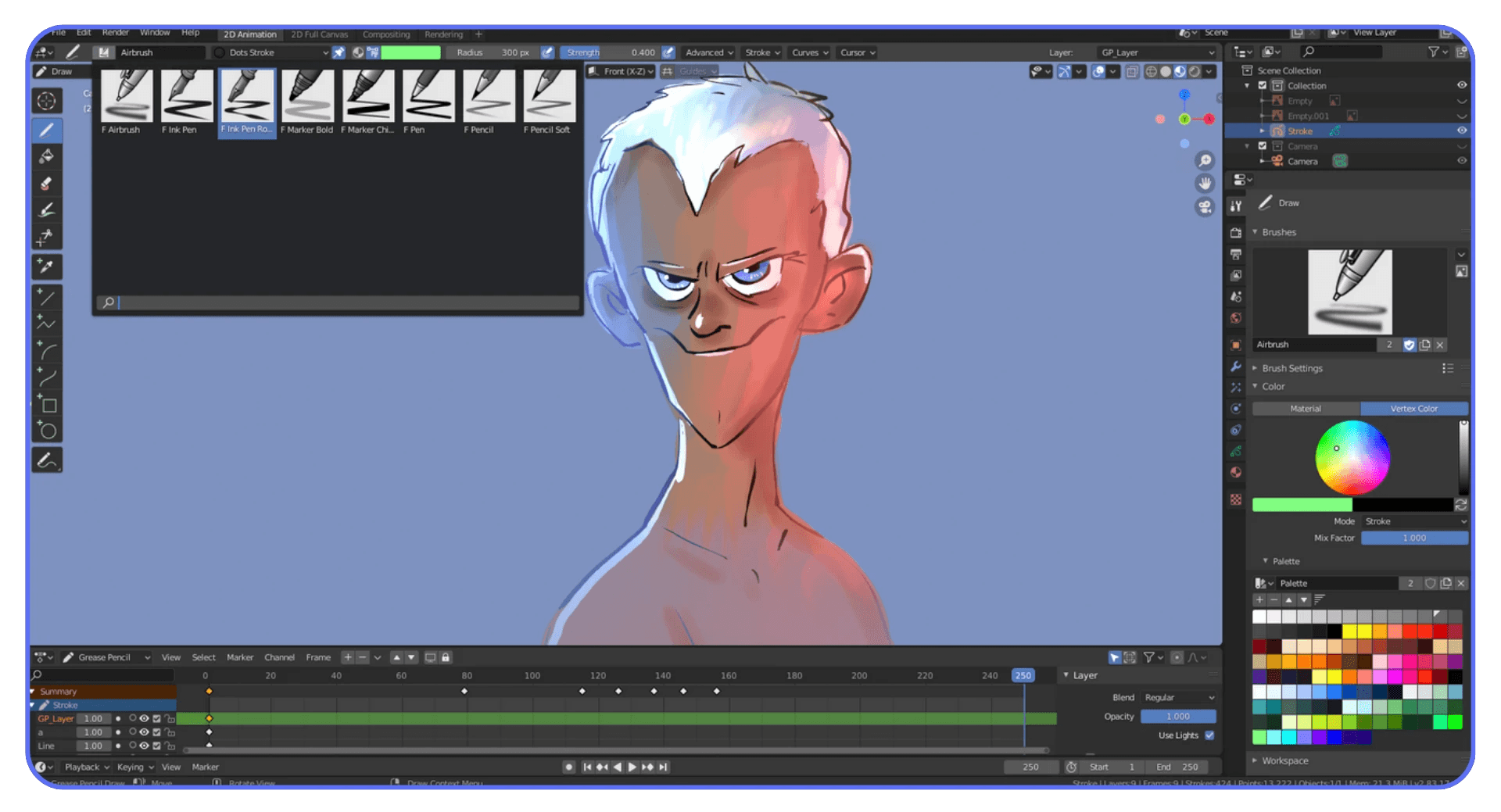 A stylized male character illustration being drawn with Grease Pencil in Blender, showing brush presets, timeline, and color palette.