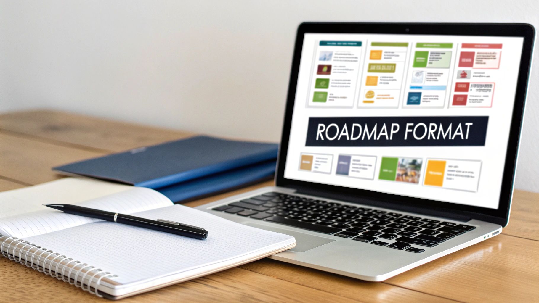 A laptop on a wooden desk displays a 'ROADMAP FORMAT' with visual elements, alongside an open notebook and pen.