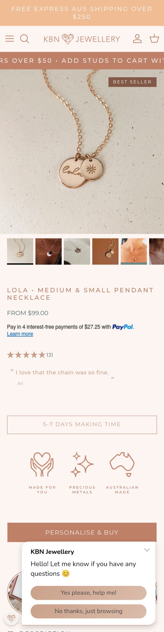 Jewelry product options include: necklace, pendant for Lola • Medium & Small Pendant Necklace from KBN Jewellery.