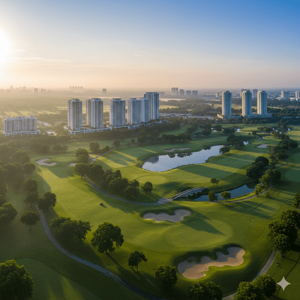 Aerial view of luxury apartments bordering golf course greens in Sector 65, Gurugram