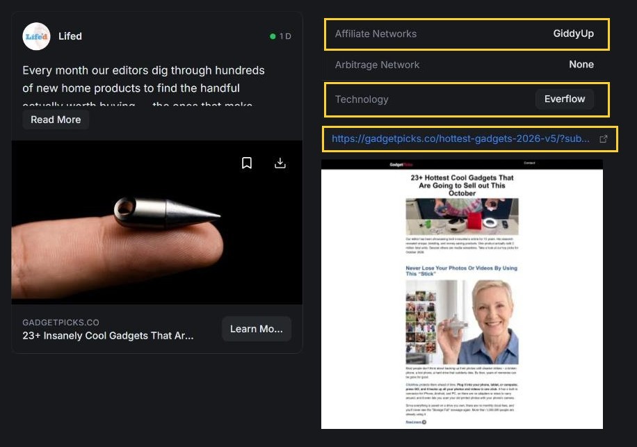 Lifed's gadget list ad in AdPlexity Social: Affiliate Networks GiddyUp, Technology Everflow, and the list page on gadgetpicks.co